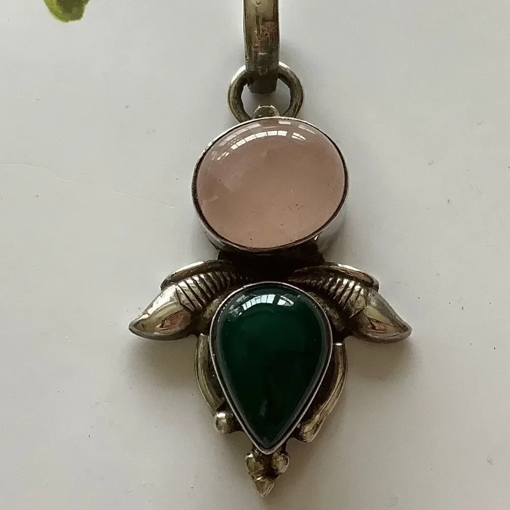 STERLING SILVER 925 PINK QUARTZ/GREEN ONYX LARGE PENDANT​